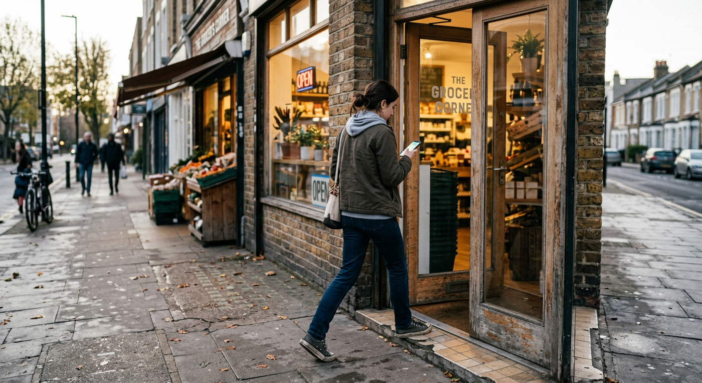 A person walking into a neighborhood shop