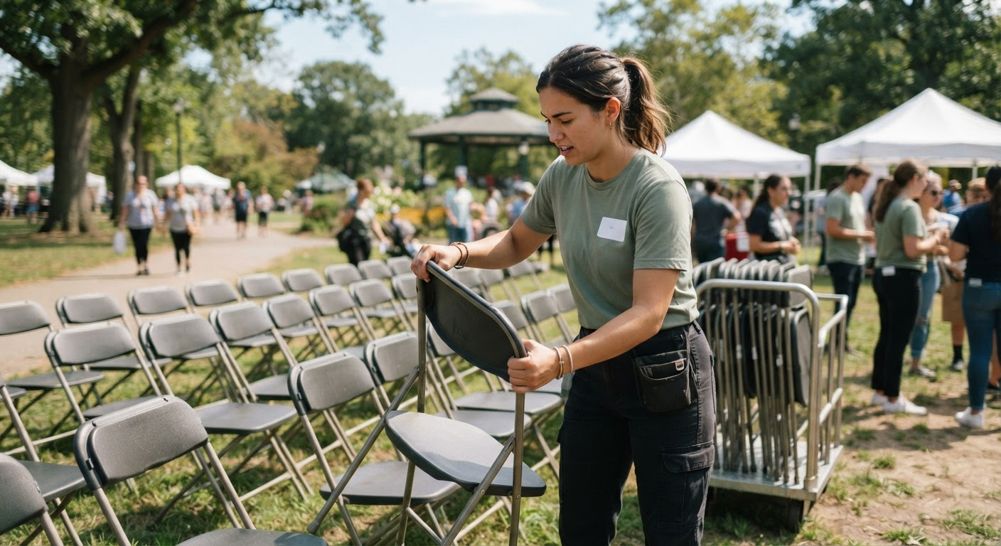 A volunteer setting up chairs at an outdoor event